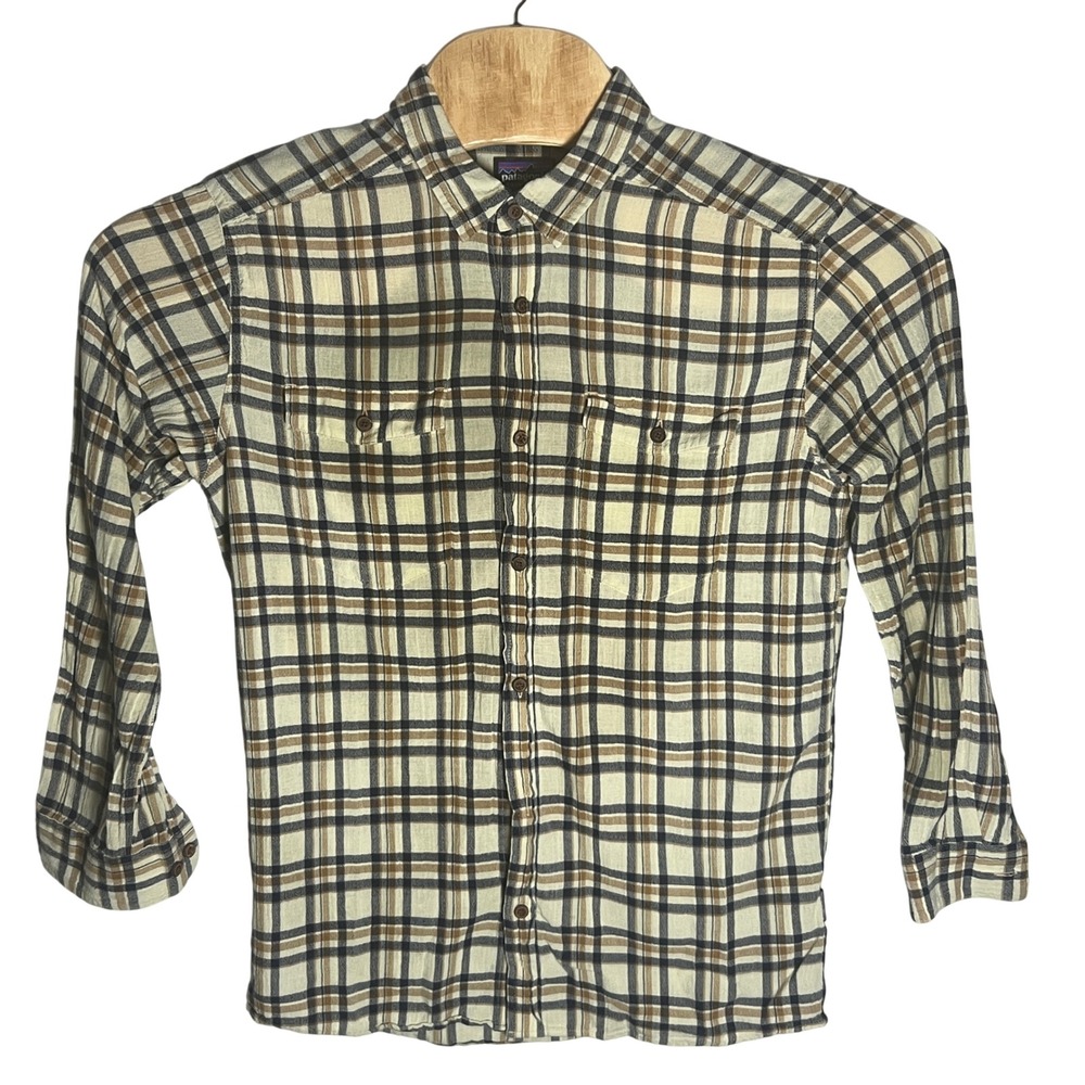 Patagonia Steersman Button Down Shirt Mens M Cream Brown Plaid Organic Cotton - Picture 2 of 7